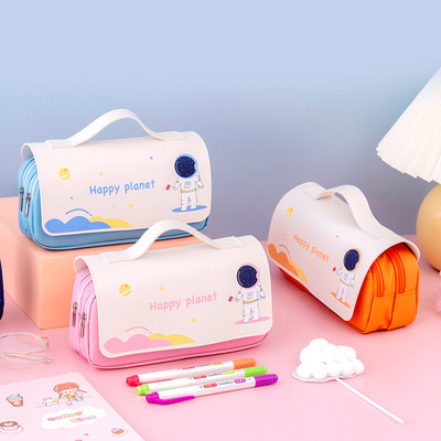 新款卡通小学生笔袋大容量可爱手提文具包创意太空人文具盒铅笔袋