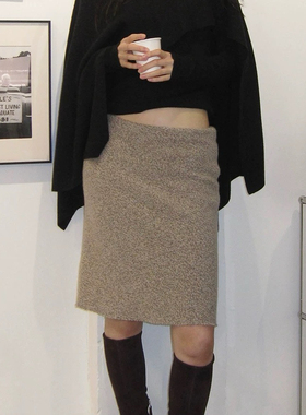 Sapphire 冬季80年代复古三色羊毛米灰中低腰半身微喇针织裙