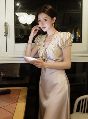 一枝南南同款Ch2026春蕾丝边饰真丝缎礼服名媛气质短袖连衣裙长裙