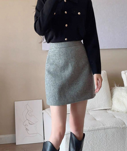 Mandy 高级感100%羊毛呢A字短裙女黑灰色小个子半身裙 秋冬季