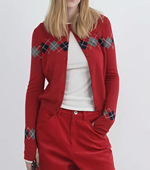 咖色 RARELY 菱格纹羊毛混纺开衫 红色