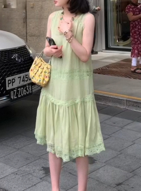 ASM 安娜 100支砂洗苎麻柔软宽松背心裙夏古董法蕾中长款连衣裙女