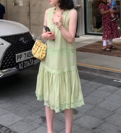ASM 安娜 100支砂洗苎麻柔软宽松背心裙夏古董法蕾中长款连衣裙女