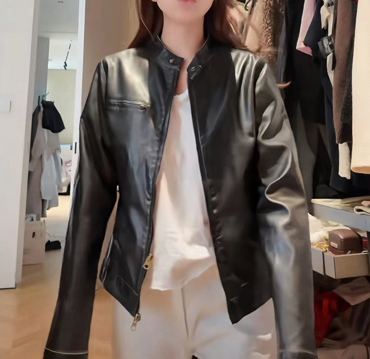 发财宅女同款摩登率性复古修身短款洗水皮机车夹克短外套女