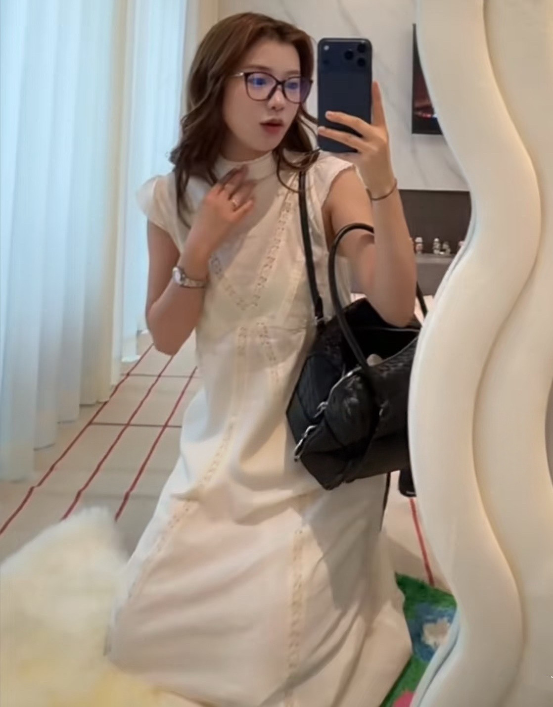 发财宅女同款温柔优雅气质纯棉镂空小立领A字连衣裙睡衣裙子