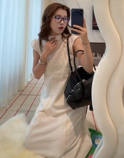 发财宅女同款 温柔优雅气质纯棉镂空小立领A字连衣裙睡衣裙子