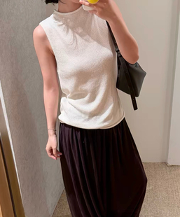 jaja 布料100还原 夏日复古莱赛尔亚麻半高领卷边粗棒针织背心