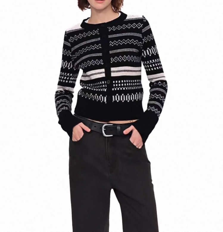 North 高品质 全羊毛经典复古单色条纹小圆领费尔岛毛衣开衫