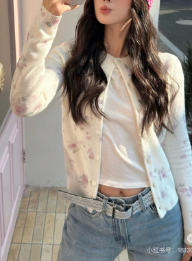 alright  晕染感花卉印花绵羊毛短款修身针织开衫