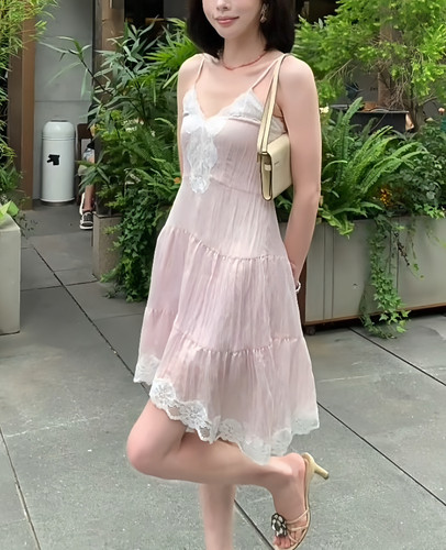 ASM 安娜/法式度假风蕾丝花边日本宾霸铜氨丝中长款吊带连衣裙女