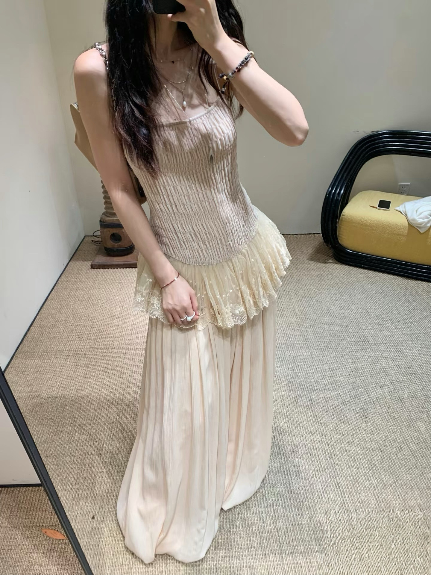 吕颖同款泡泡吊带蕾丝拼接上衣云朵灯笼裤长裤两件套纯欲仙女套装