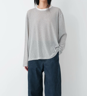 jaja干爽砂砾感空气微透长袖 防晒条纹针织上衣