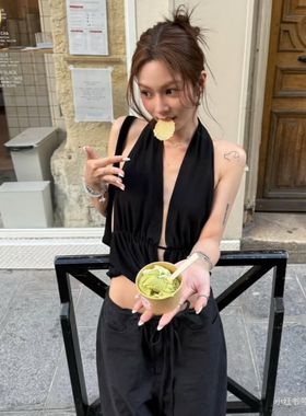 NaNa同款DANZ夏季海藻纤维黑色荡领挂脖高级时髦内搭气质露背上衣
