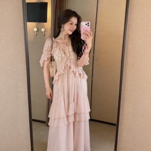 荷叶边短袖 一枝南南同款 人丝粉色蕾丝七分袖 26春 连衣裙 Cello