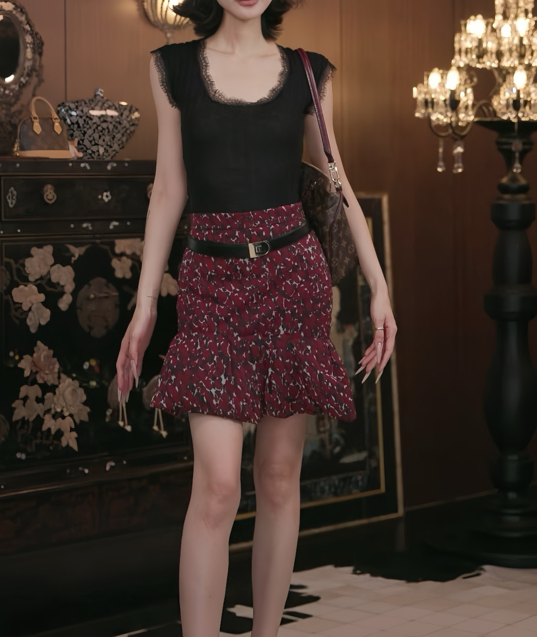赵三 梅子色高腰包臀鱼尾半身裙女夏2026新款花边设计感短裙子