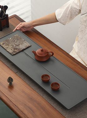 天然整块乌金石茶盘家用简约现代大小石材排水式茶海石头茶台托盘