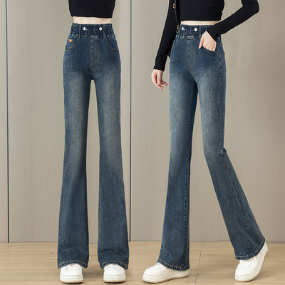 加绒松紧腰微喇牛仔裤女冬季新款窄版阔腿裤高腰马蹄裤显瘦喇叭裤