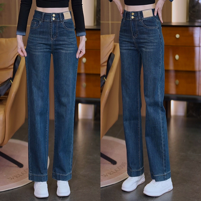 冬季2025新款窄版阔腿裤女高腰加绒拖地裤直筒小个子复古牛仔裤女