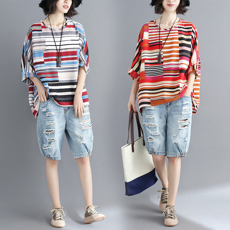 fat mm200 literature Large Women's wear colour stripe Sleeve of bat T-shirt Easy Show thin leisure time Chiffon shirt jacketin the Women's clothing/Boutique , Large size women  category - from Buy2taobao.com to provide professional Taobao agent buy service