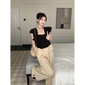 韩系休闲拼色套装女夏季2023新款宽松显瘦短袖衬衫显瘦长裤两件套
