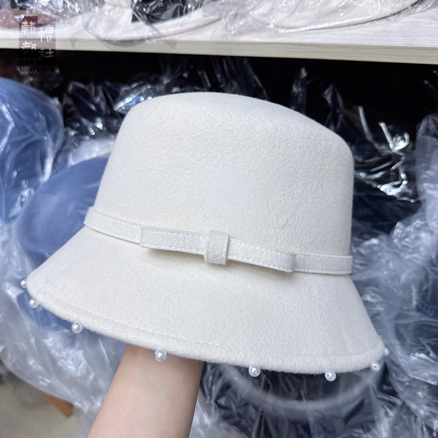 珍珠蝴蝶结羊毛渔夫帽女气质盆帽