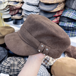 帽子女款2025秋冬季新款时尚麂皮绒八角帽文艺英伦防晒平顶马术帽