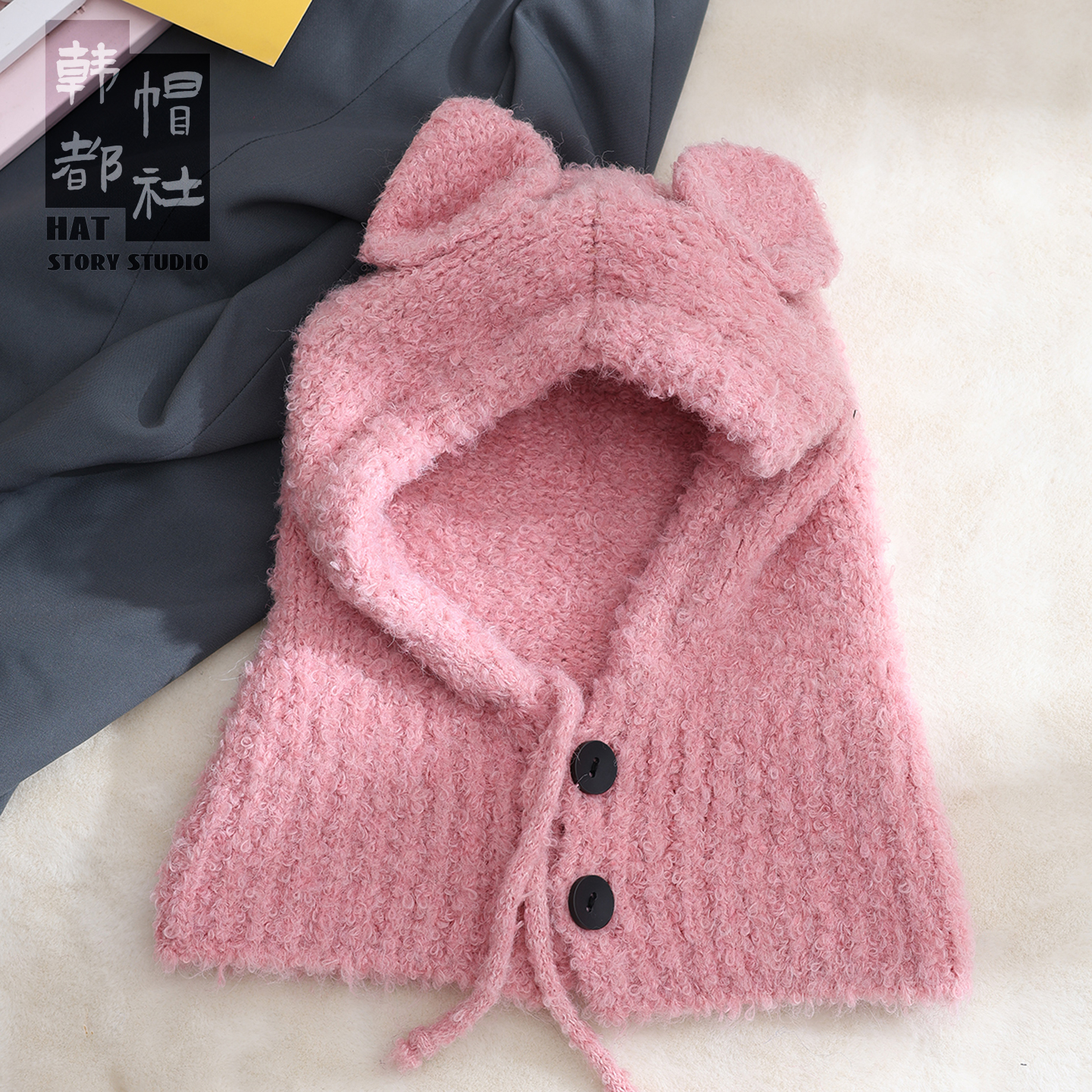 针织拉法帽围脖一体女保暖套头帽