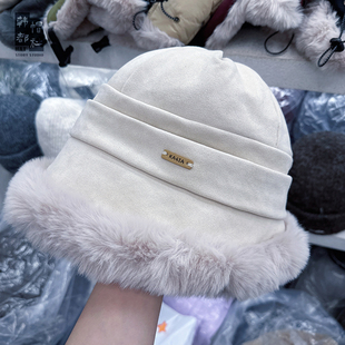 帽子女款2025秋冬季新款麂皮绒毛绒拼接保暖渔夫帽女加厚护耳盆帽