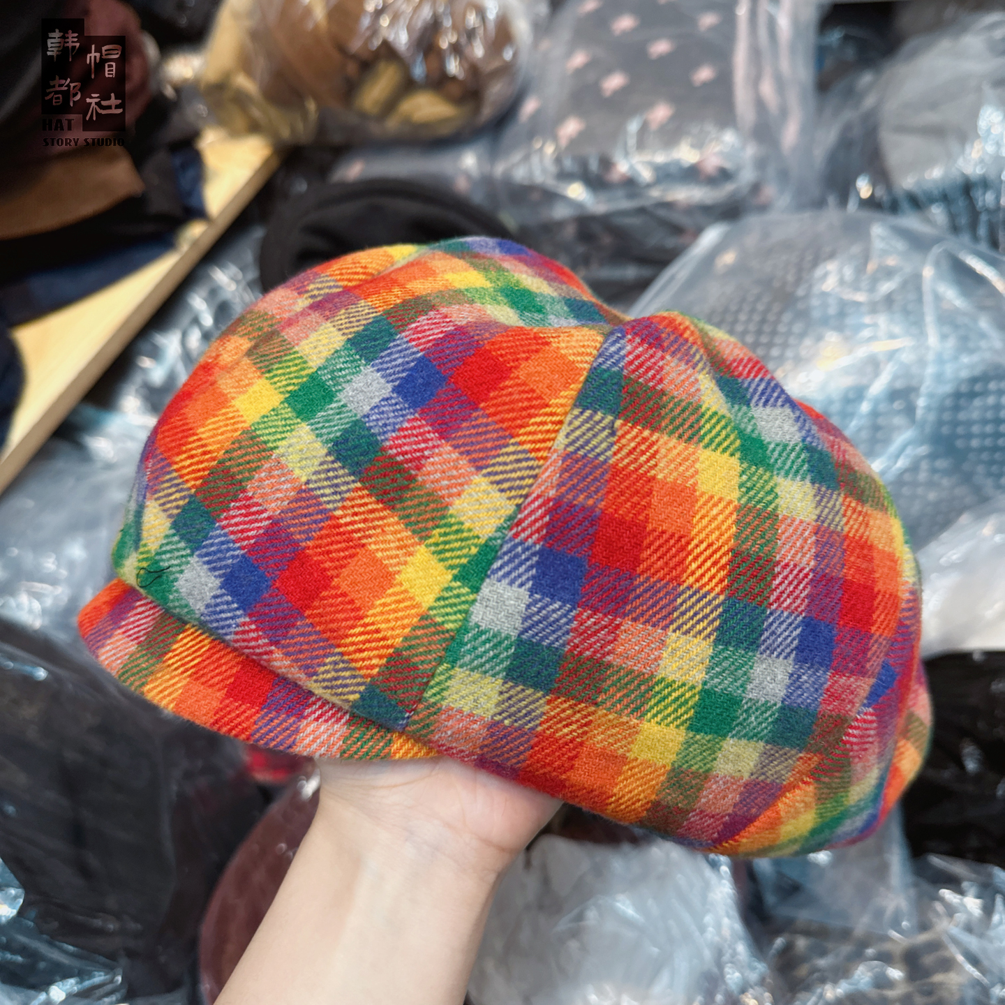 彩色格纹贝雷帽子女冬日系显脸小