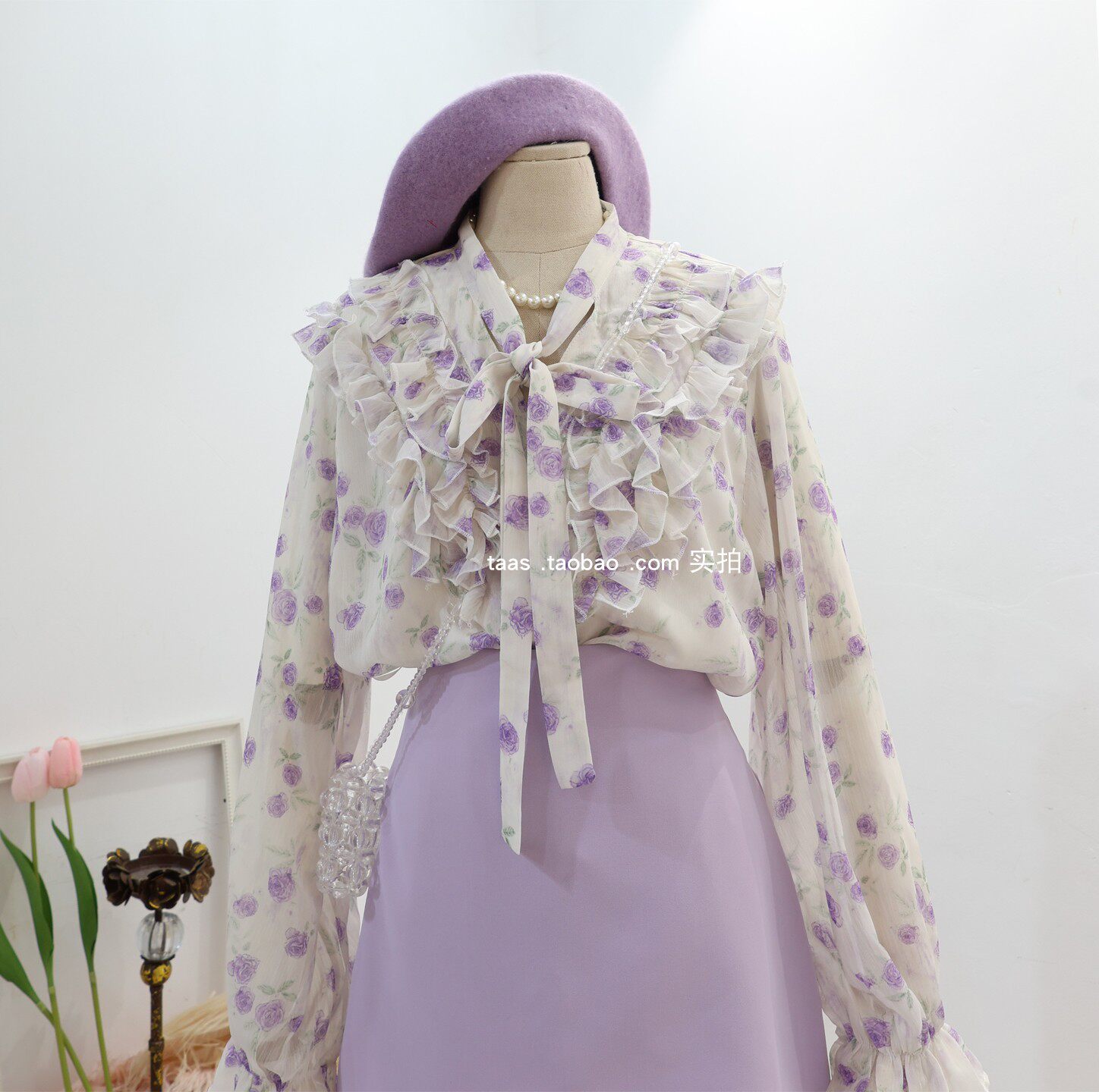 紫色仙气碎花小衫2026春夏法式荷叶边系带印花娃娃木耳边上衣衬衫