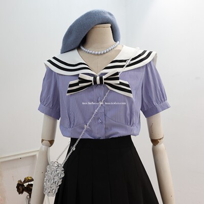 法式条纹学院风蝴蝶结衬衫上衣