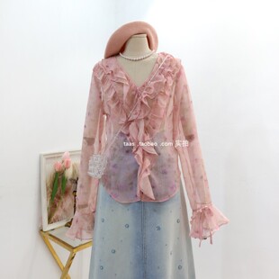 粉色仙气高品质油画印花衫2026春夏法式轻薄荷叶边长袖天丝上衣女