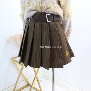 复古高腰格子短裙2025秋冬法式 压褶裙半身毛呢百褶裙 少女露思同款