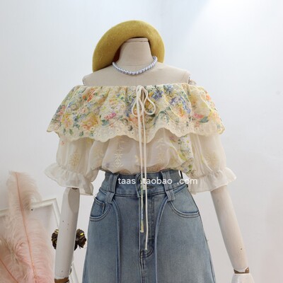 法式绣花一字领荷叶边蕾丝衫上衣