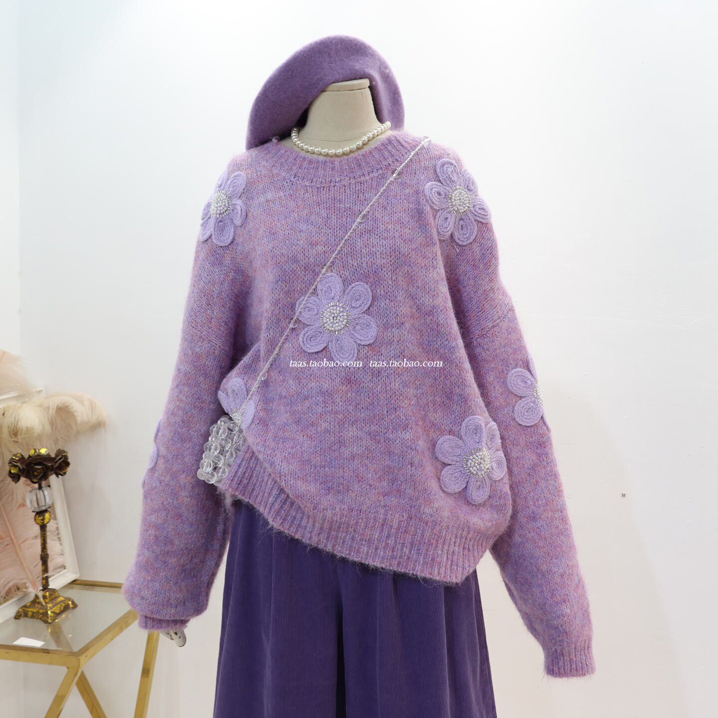 紫色花朵毛衣女2026秋冬新仙气软糯加厚立体花宽松套头慵懒针织衫