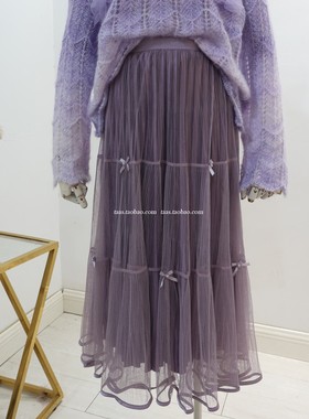 紫色垂坠感蝴蝶结仙女裙2025秋冬加厚丝绒中长款蛋糕裙荷叶边纱裙