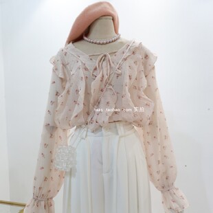 粉色荷叶边娃娃衫2026春夏法式少女风印花系带绝美碎花衫仙气上衣