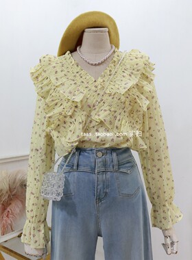 法式浪漫花朵小花衫2026春夏少女仙气荷叶边精致长袖印花衬衫上衣