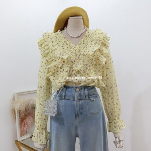 法式浪漫花朵小花衫2026春夏少女仙气荷叶边精致长袖印花衬衫上衣