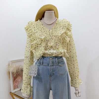 法式浪漫花朵小花衫2026春夏少女仙气荷叶边精致长袖印花衬衫上衣