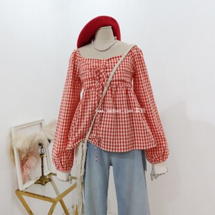 法式方领格子上衣2026春夏少女风俏皮精致娃娃衫长袖森系高级衬衫