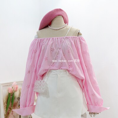 一字领花朵绝美小衫娃娃粉色上衣