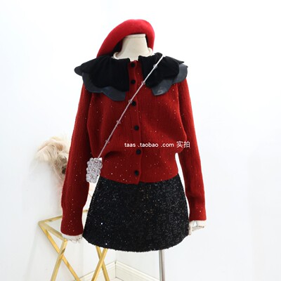 法式娃娃领闪闪加厚毛衣开衫