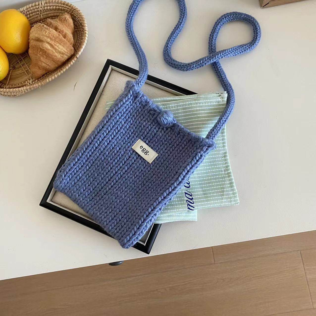 时尚韩国egg秋冬款手工编织手机包糖果色迷你针织单肩斜挎包毛线