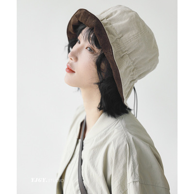 双面戴日系纯色女秋冬显脸小复古文艺百搭盆帽大头围灯芯绒渔夫帽