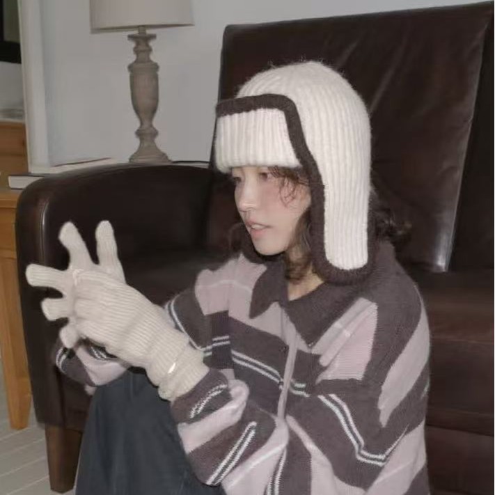 复古撞色边针织护耳套头雷锋帽保暖秋冬飞行帽男女纯色简约韩版