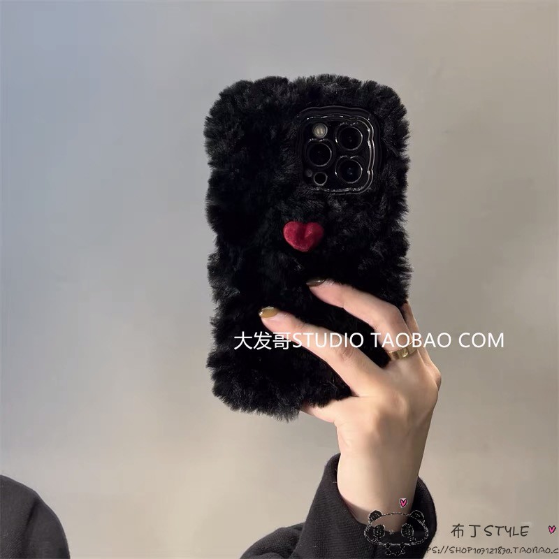 ins酒红爱心毛绒4s黑鲨5r/s手机壳3小众helo秋冬2坚果PRO3红魔r6s