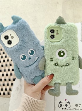 毛绒绿色怪兽OPPO reno7手机壳a96情侣a5/4se真我x50m蓝色q3s/pro