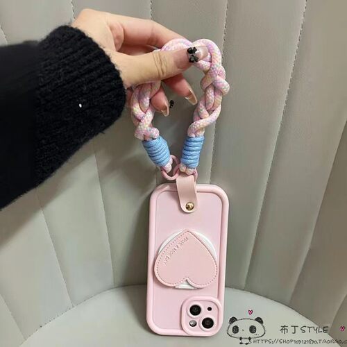 粉色爱心镜子适用iPhone17pro max手机壳e/16pro/15plus苹果13mini女12/e防摔14se3手绳xr/8保护7拎iP11/6/4
