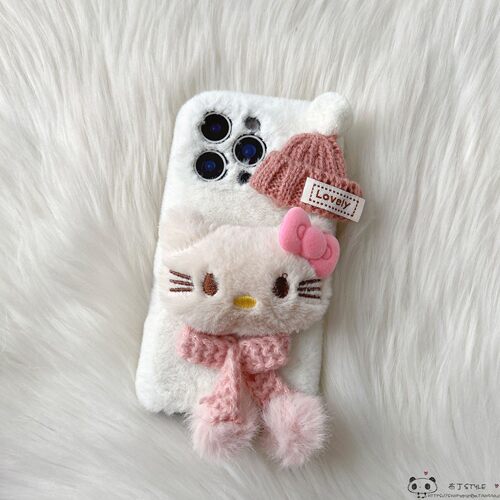 秋冬毛绒kitty猫适用note15pro红米k90手机壳k80可爱k70e/K60/50ultra/40s帽子14r13c小红书12s女tubro4/5pro